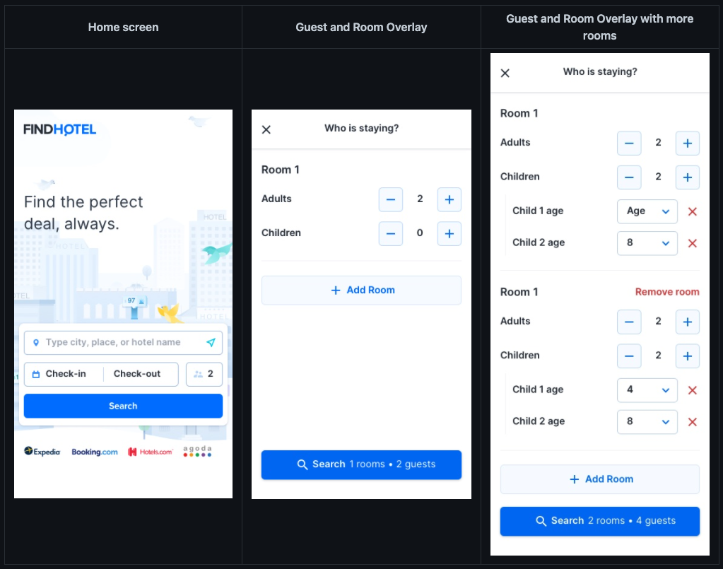 The findhotel home, the dialog opened, and the dialog with multiple rooms